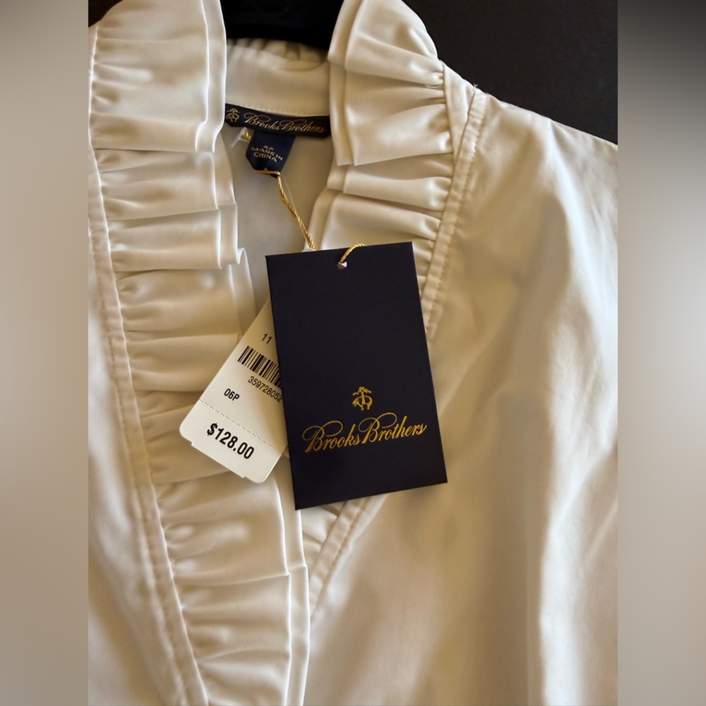 Brooks Brothers Fitted Cotton and Silk Ruffle Dress Shirt White 6petite